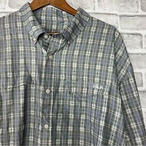 Huk Fishing Performance Shirt Vented Plaid Green Gray Chest Pocket Outdoors XL
